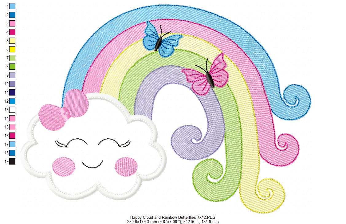 Matriz de Bordado Nuvem com Arco-Íris e Borboletas – Aplique