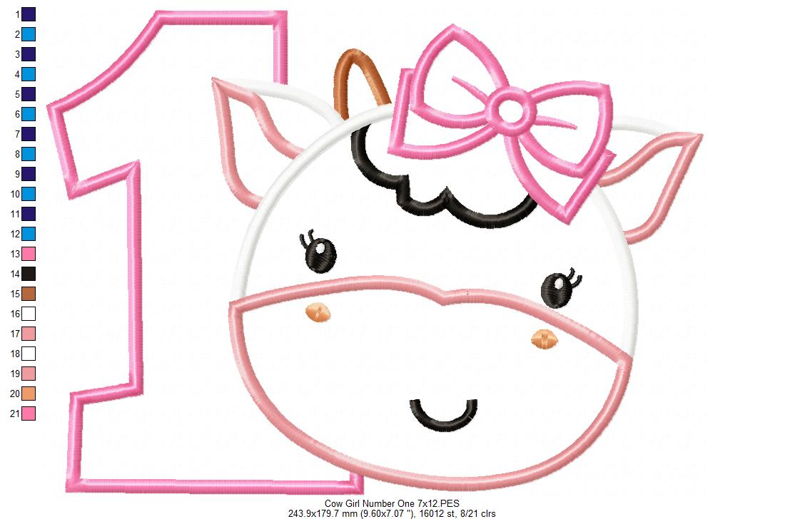 Matriz de Bordado Vaquinha com Laço e Número 1 – Aplique