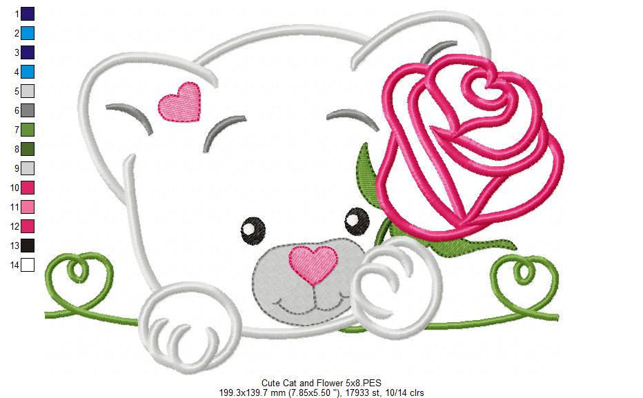 Matriz de Bordado Gatinho com Rosa – Aplique