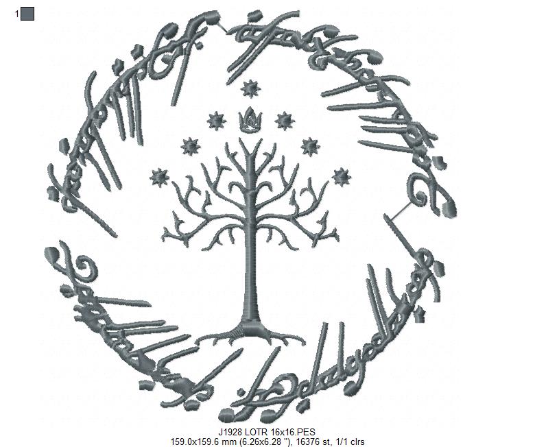 Matriz de Bordado Árvore de Gondor com Anel do Poder – Ponto Satim