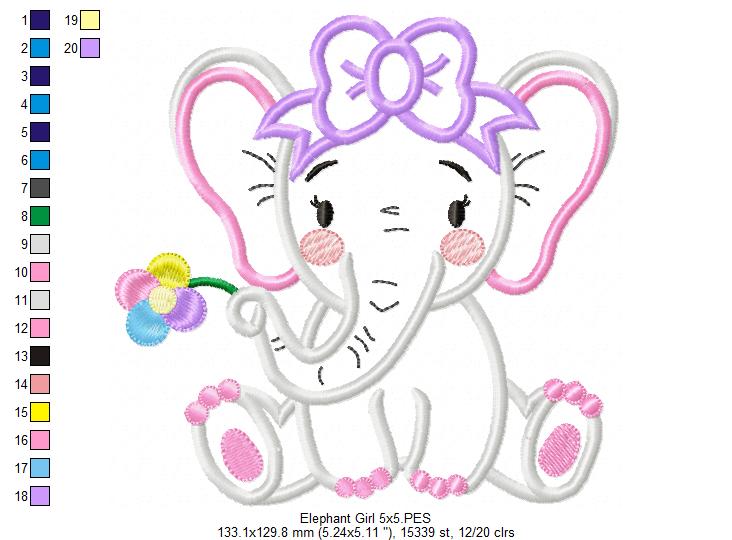 Matriz de Bordado Elefantinha com Laço e Flor – Aplique