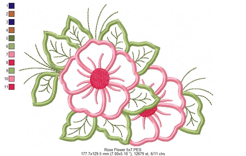 Matriz de Bordado Flores Rosa Delicadas com Folhas – Aplique