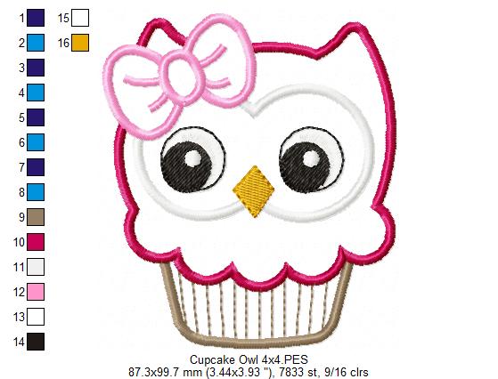 Matriz de Bordado Coruja Cupcake com Laço - Aplique