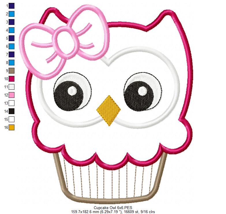 Matriz de Bordado Coruja Cupcake com Laço - Aplique