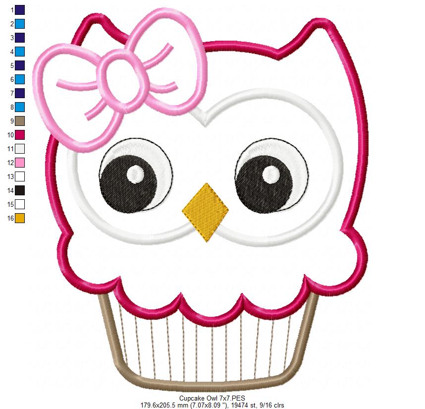 Matriz de Bordado Coruja Cupcake com Laço - Aplique