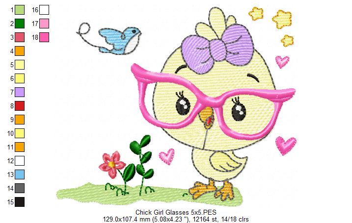 Matriz de Bordado Pintinho com Óculos Rosa e Lacinho – Rippled