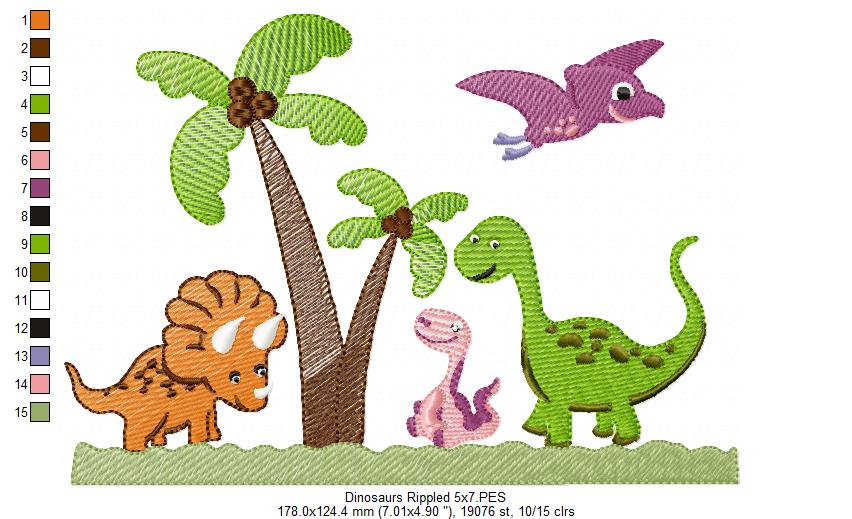 Matriz de Bordado Dinossauros na Floresta – Ponto Sketch