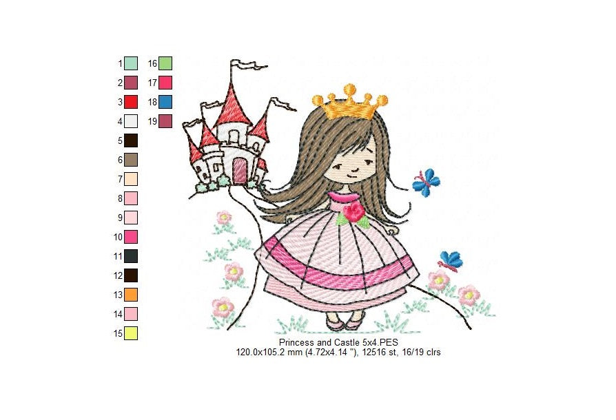 Matriz de Bordado Princesa com Castelo - Ponto Rippled