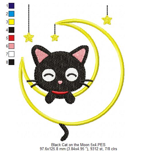 Matriz de Bordado Gatinho Preto Dorminhoco na Lua com Estrelas – Aplique