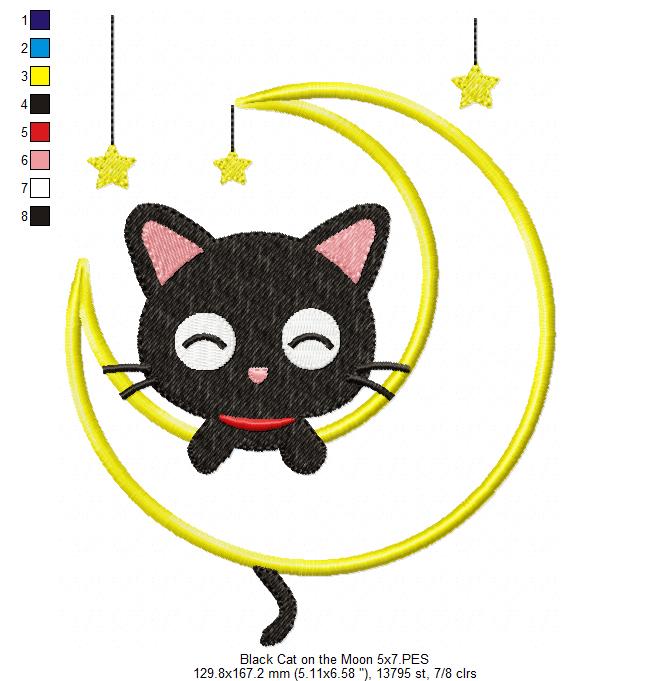 Matriz de Bordado Gatinho Preto Dorminhoco na Lua com Estrelas – Aplique