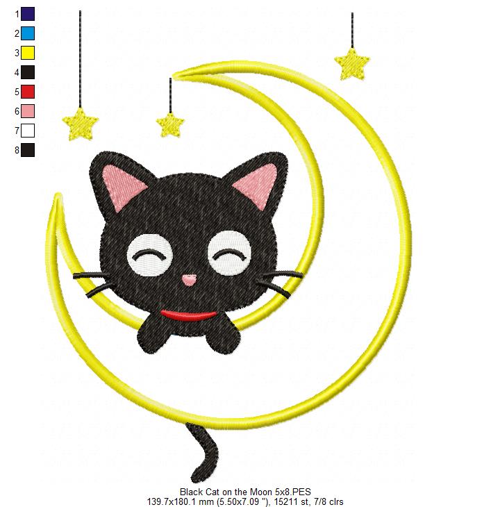 Matriz de Bordado Gatinho Preto Dorminhoco na Lua com Estrelas – Aplique