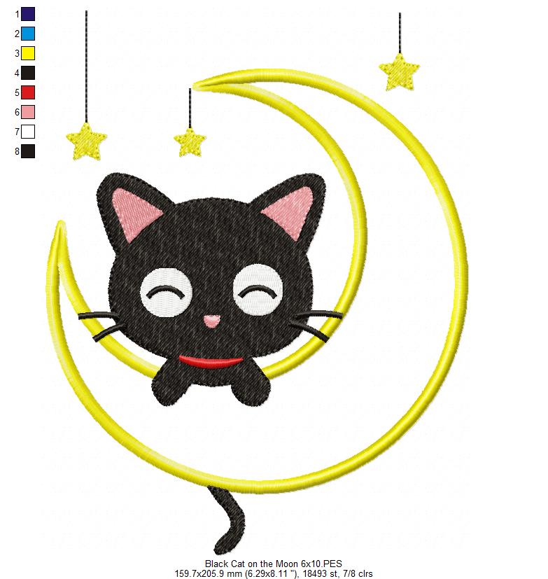 Matriz de Bordado Gatinho Preto Dorminhoco na Lua com Estrelas – Aplique