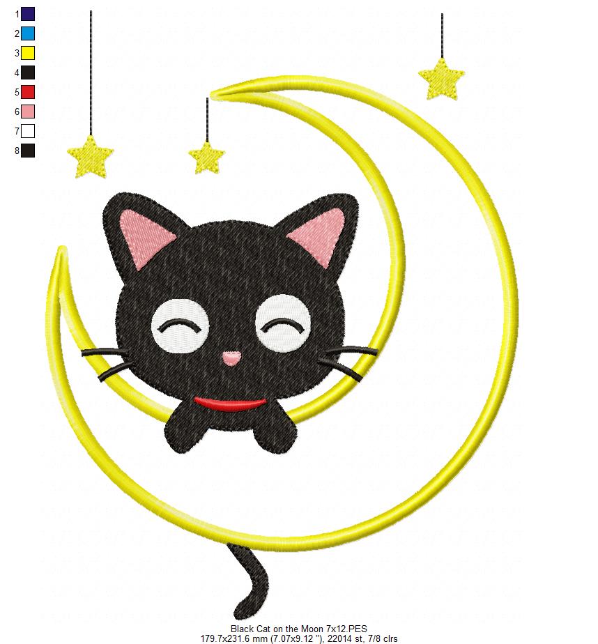 Matriz de Bordado Gatinho Preto Dorminhoco na Lua com Estrelas – Aplique
