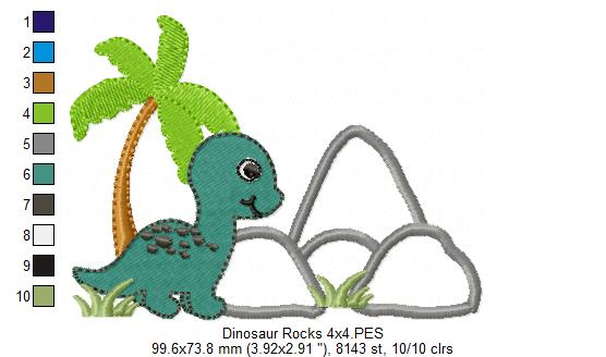 Matriz de Bordado Dinossauro com Palmeira e Rochas – Aplique