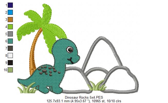 Matriz de Bordado Dinossauro com Palmeira e Rochas – Aplique