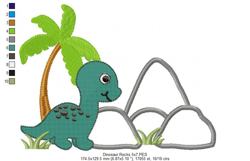 Matriz de Bordado Dinossauro com Palmeira e Rochas – Aplique