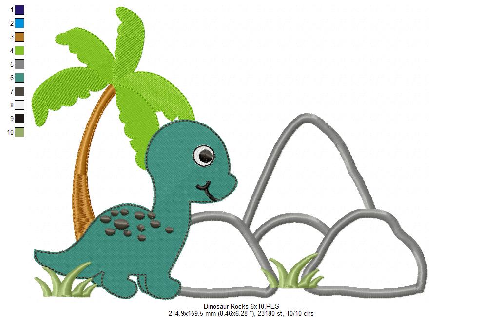 Matriz de Bordado Dinossauro com Palmeira e Rochas – Aplique