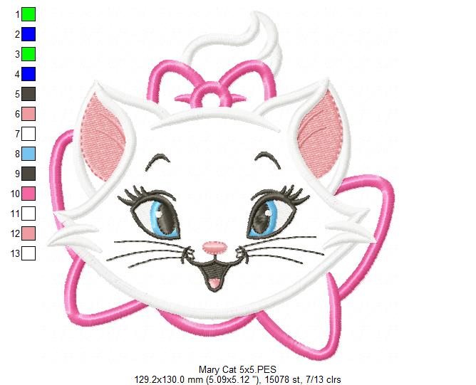 Matriz de Bordado Gatinha Marie Fofa com Laço – Aplique