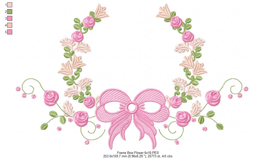 Matriz de Bordado Moldura Floral com Laço – Ponto Satim