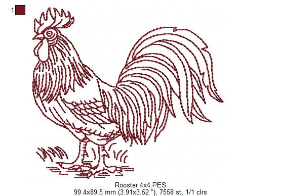 Matriz de Bordado Galo Rústico – Redwork