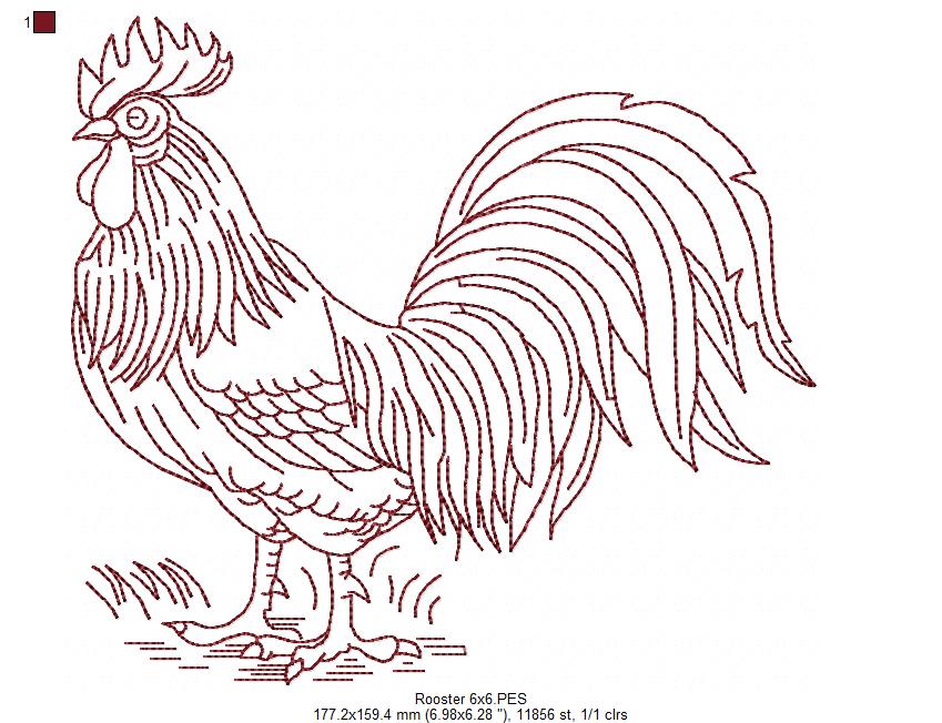 Matriz de Bordado Galo Rústico – Redwork