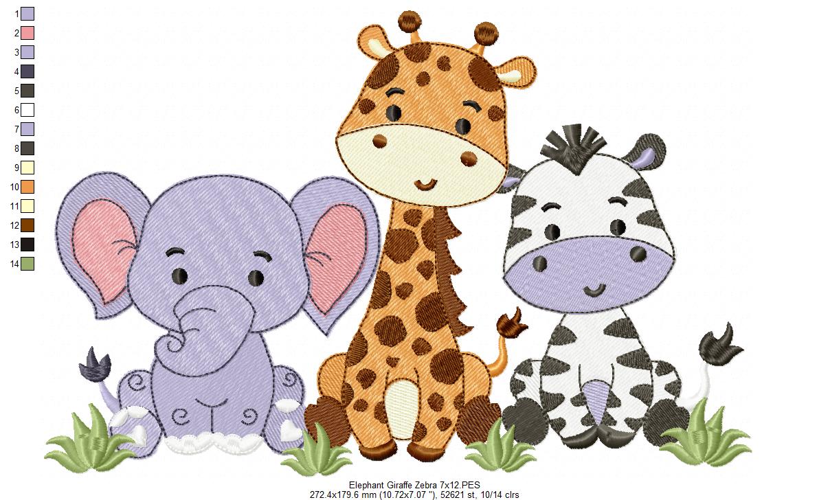 Matriz de Bordado Safari Amigos Elefante, Girafa e Zebra - Ponto Cheio