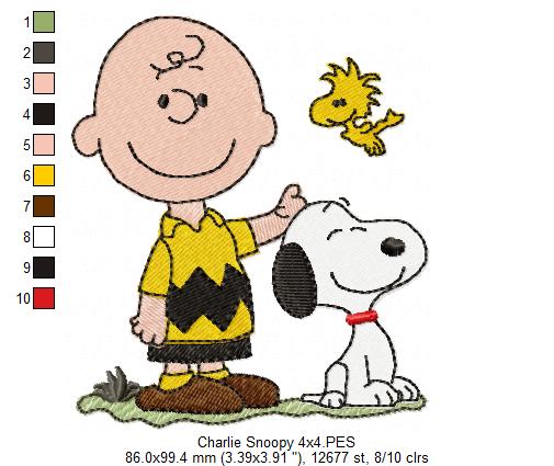 Matriz de Bordado Trio Snoopy, Charlie e Woodstock Fofos – Ponto Cheio