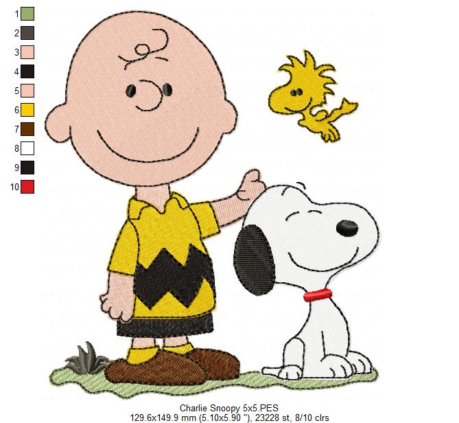 Matriz de Bordado Trio Snoopy, Charlie e Woodstock Fofos – Ponto Cheio
