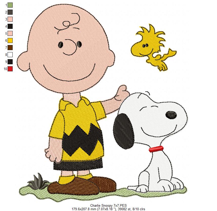 Matriz de Bordado Trio Snoopy, Charlie e Woodstock Fofos – Ponto Cheio