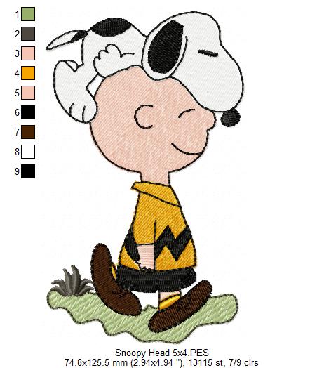 Matriz de Bordado Snoopy deitado na Cabeça do Charlie Brown – Ponto Cheio