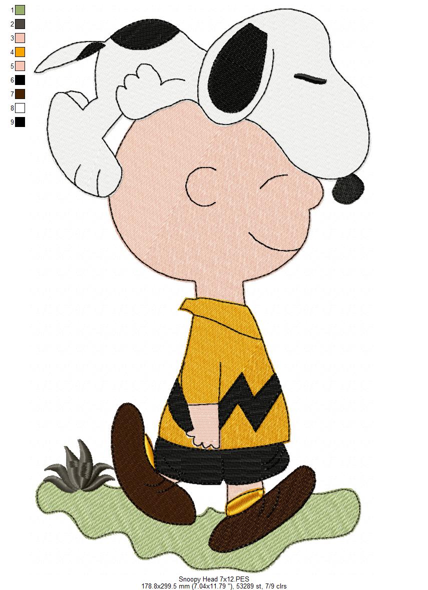 Matriz de Bordado Snoopy deitado na Cabeça do Charlie Brown – Ponto Cheio