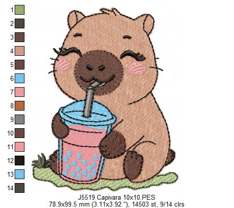Matriz de Bordado Capivara Fofa com Copo de Boba Tea – Ponto Cheio