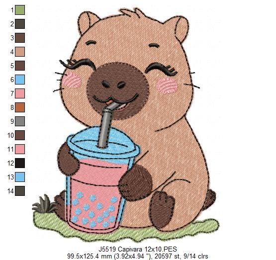 Matriz de Bordado Capivara Fofa com Copo de Boba Tea – Ponto Cheio