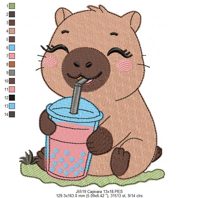 Matriz de Bordado Capivara Fofa com Copo de Boba Tea – Ponto Cheio