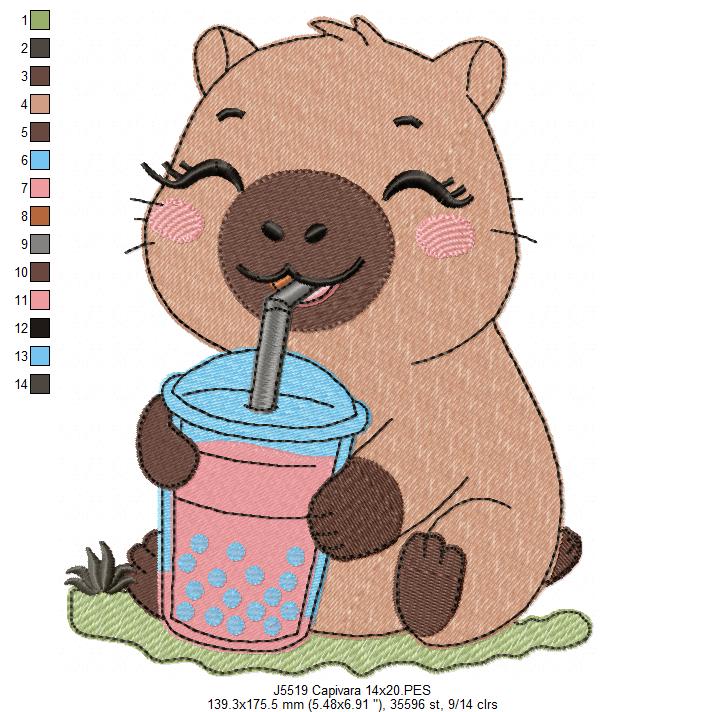 Matriz de Bordado Capivara Fofa com Copo de Boba Tea – Ponto Cheio