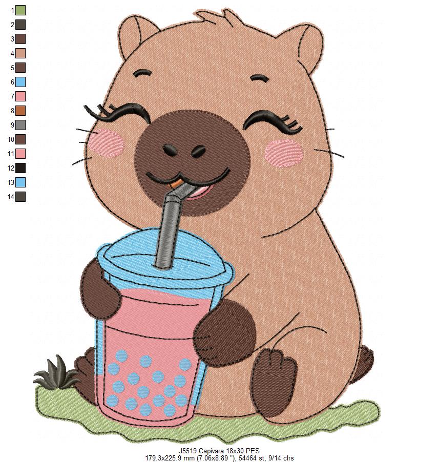 Matriz de Bordado Capivara Fofa com Copo de Boba Tea – Ponto Cheio