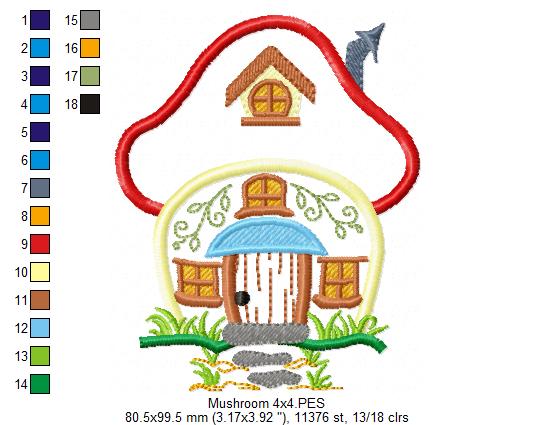 Matriz de Bordado Casinha do Bosque em Cogumelo – Aplique