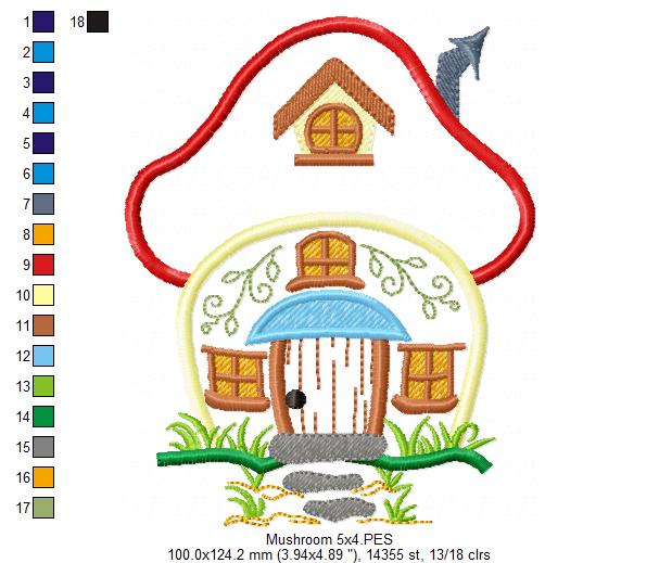 Matriz de Bordado Casinha do Bosque em Cogumelo – Aplique