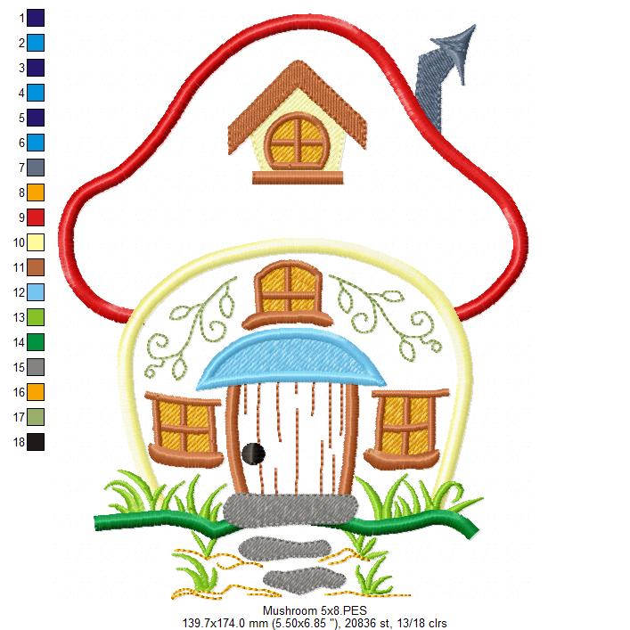 Matriz de Bordado Casinha do Bosque em Cogumelo – Aplique