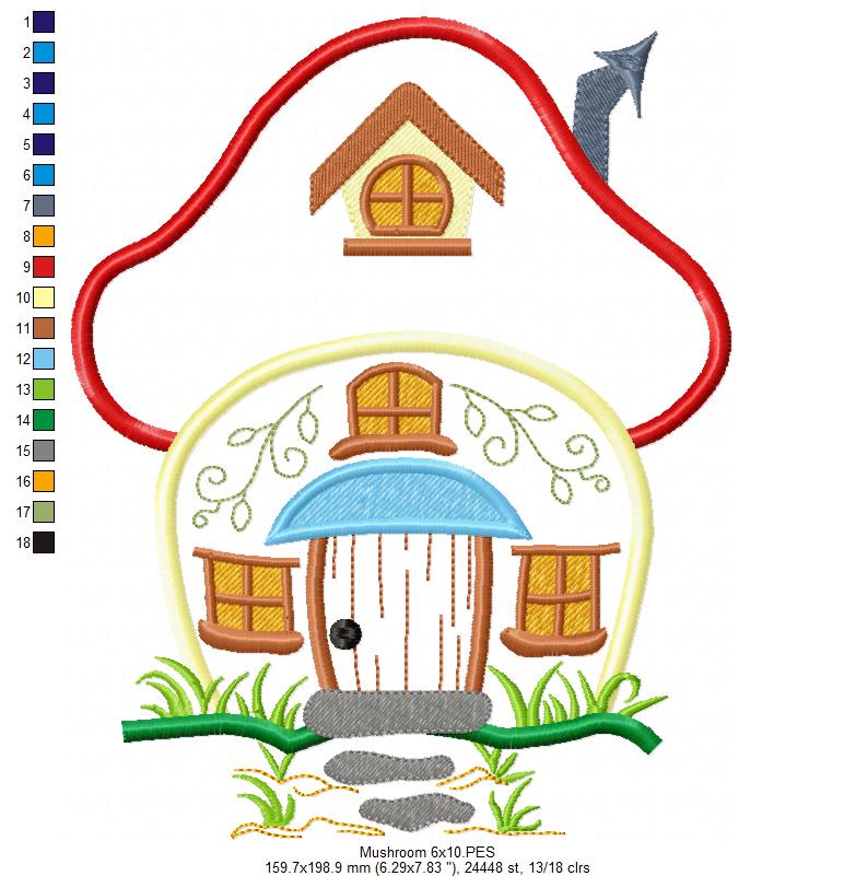 Matriz de Bordado Casinha do Bosque em Cogumelo – Aplique