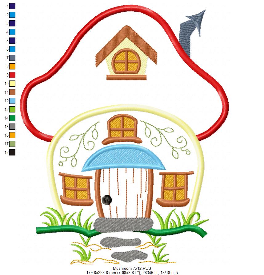 Matriz de Bordado Casinha do Bosque em Cogumelo – Aplique