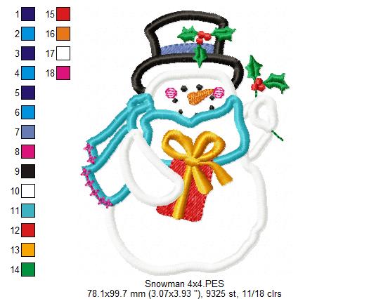 Matriz de Bordado Boneco de Neve com Presente e Cachecol – Aplique