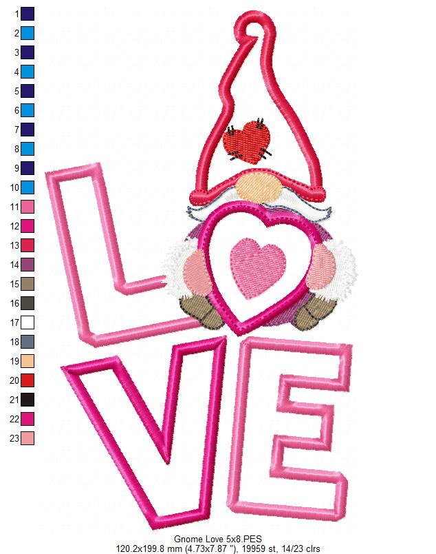 Matriz de Bordado Letreiro LOVE com Gnomo Romântico – Aplique