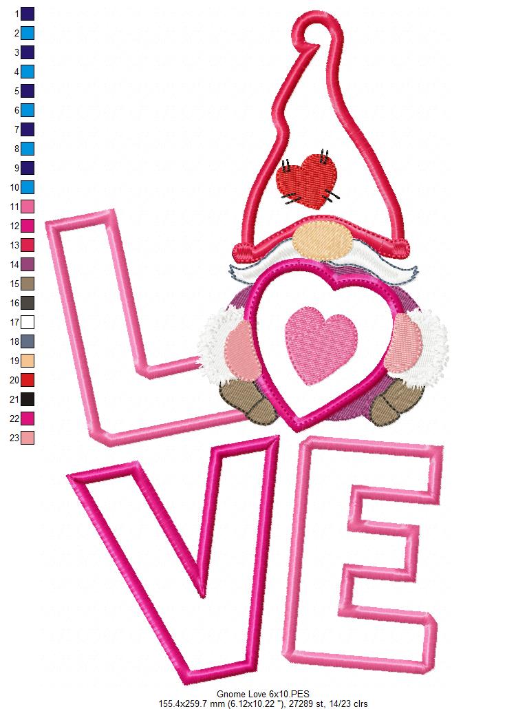 Matriz de Bordado Letreiro LOVE com Gnomo Romântico – Aplique