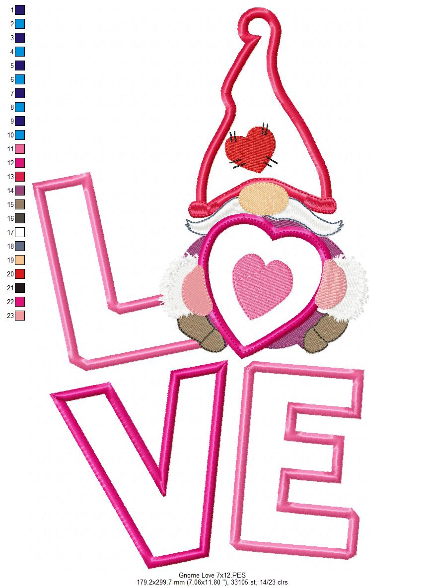 Matriz de Bordado Letreiro LOVE com Gnomo Romântico – Aplique