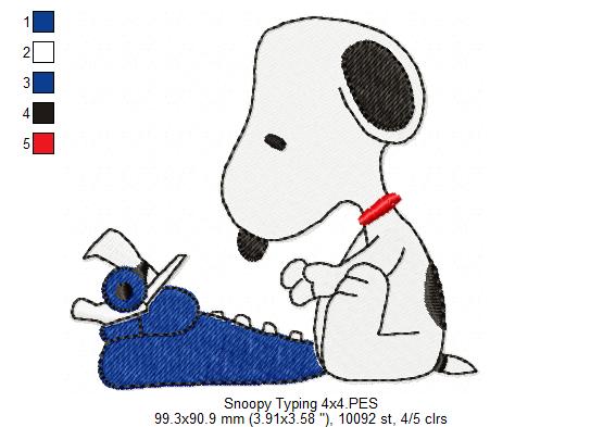 Matriz de Bordado Snoopy com Máquina de Escrever Vintage – Ponto Cheio