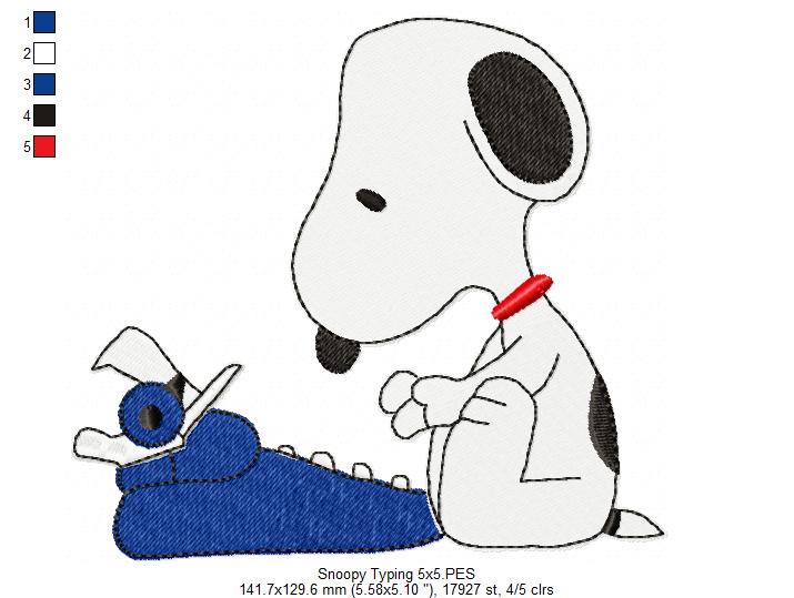 Matriz de Bordado Snoopy com Máquina de Escrever Vintage – Ponto Cheio