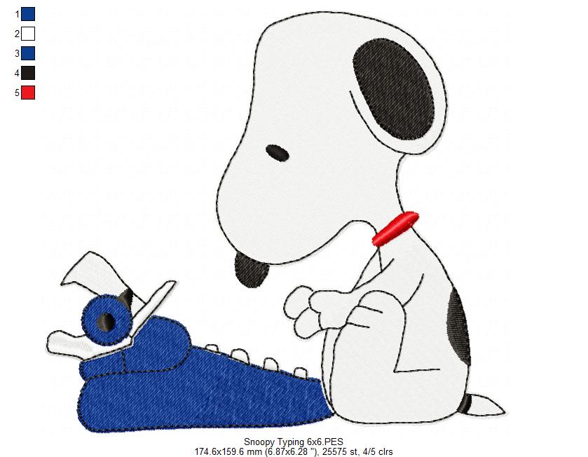 Matriz de Bordado Snoopy com Máquina de Escrever Vintage – Ponto Cheio