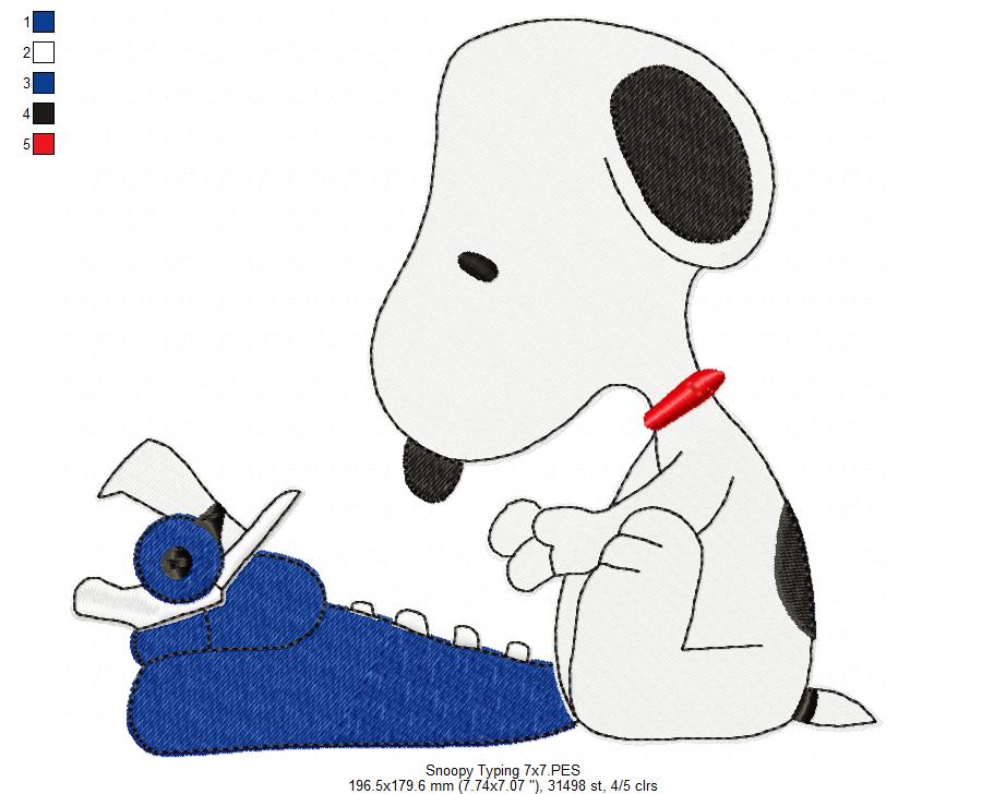 Matriz de Bordado Snoopy com Máquina de Escrever Vintage – Ponto Cheio