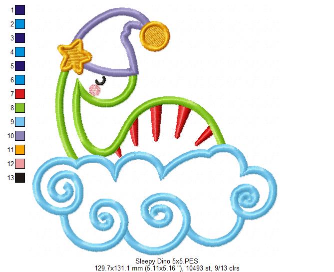 Matriz de Bordado Dinossauro Dorminhoco nas Nuvens – Aplique